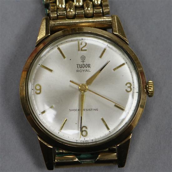 A gentlemans 1960s Tudor Royal 9ct? gold wrist watch on a gilt metal strap, with Tudor box.